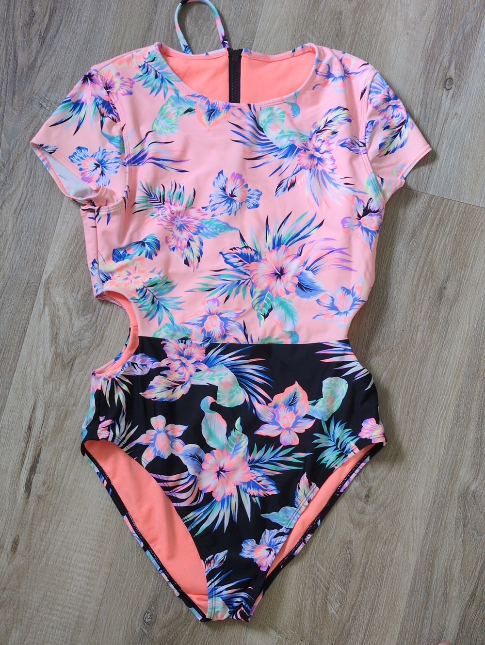 George Coral Pink and Black Floral Cutout One-Piece Swimsuit